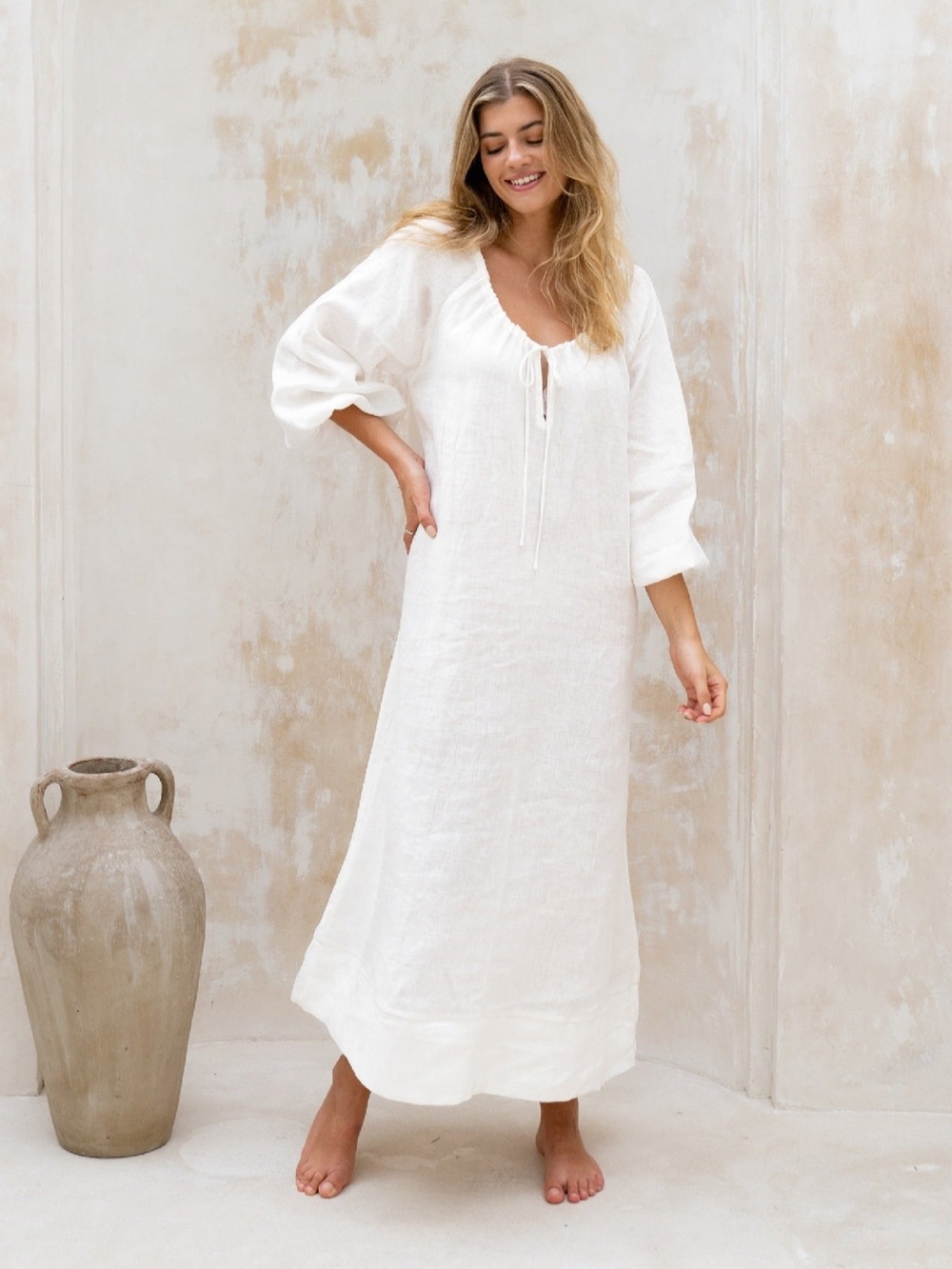 Like New - Linen - Romantic Billowy Maxi Dress - Off White - Picture 3 of 13